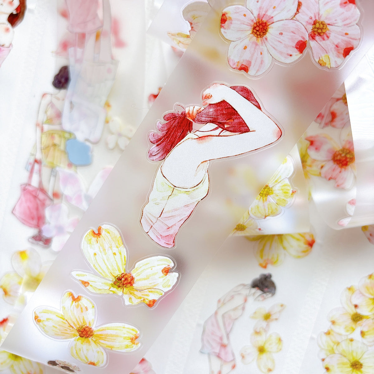 DingDing Vol.17【67#Cornelian Cherry】Original Character Design Vintage Casualness Girl Washi/PET Tape Stickers, for Scrapbook Supplies,Scrapbook Tape Stickers,Junk Journal Supplies