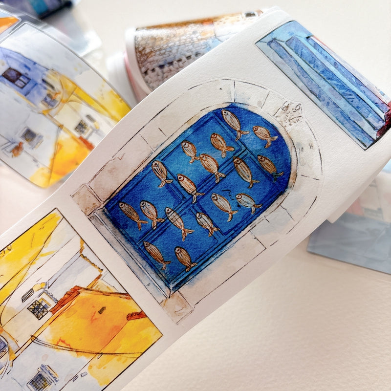 Seahorse Forest Vol11【A71#Wind Passes through Blue Lane】Vintage Scene Original Design Pre-Cut Washi/PET Tape Stickers,for Scrapbook Supplies,Junk Journal Supplies