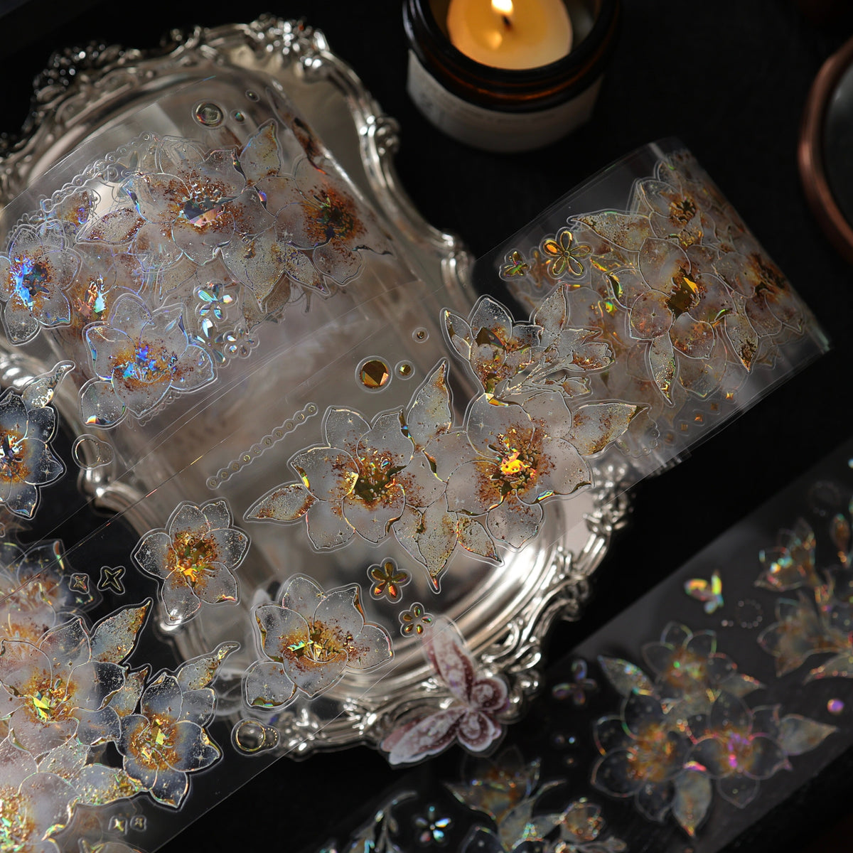 YiEr Vol18【Starfall Cymbidium】Pre-cut Orginal Design Vintage Transparent Golden Flower Planner Sticker Pet Washi Tape