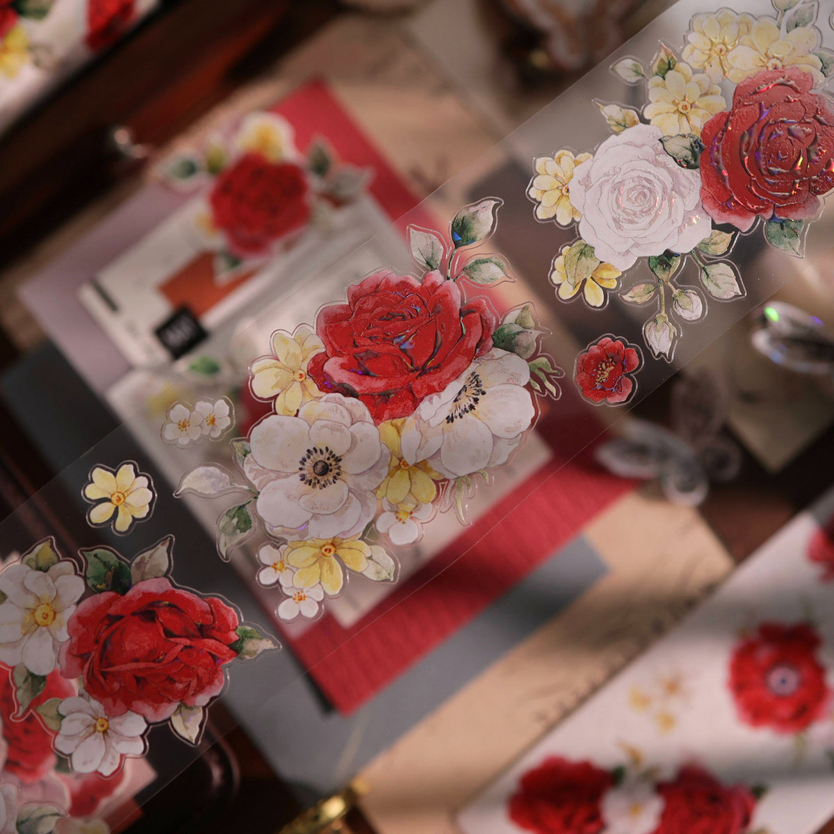 YiEr Vol18【Zhu Bai Qing Fang】Pre-cut Orginal Design Red Rose Washi Tape and PET Stickers