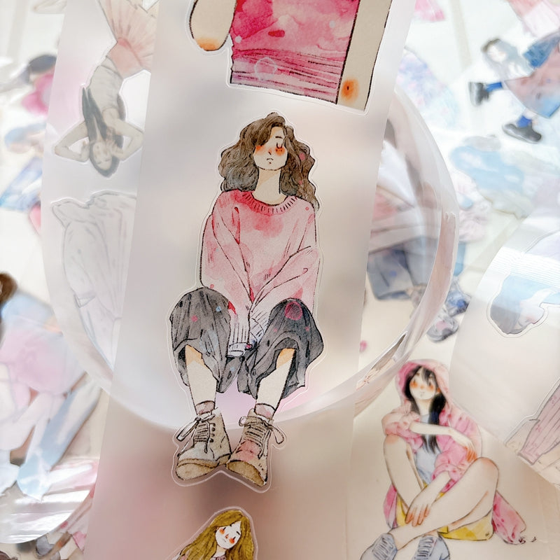 DingDing Vol.16【61#A Little Pink】Original Character Design Vintage Casualness Girl Washi/PET Tape Stickers, for Scrapbook Supplies,Scrapbook Tape Stickers,Junk Journal Supplies