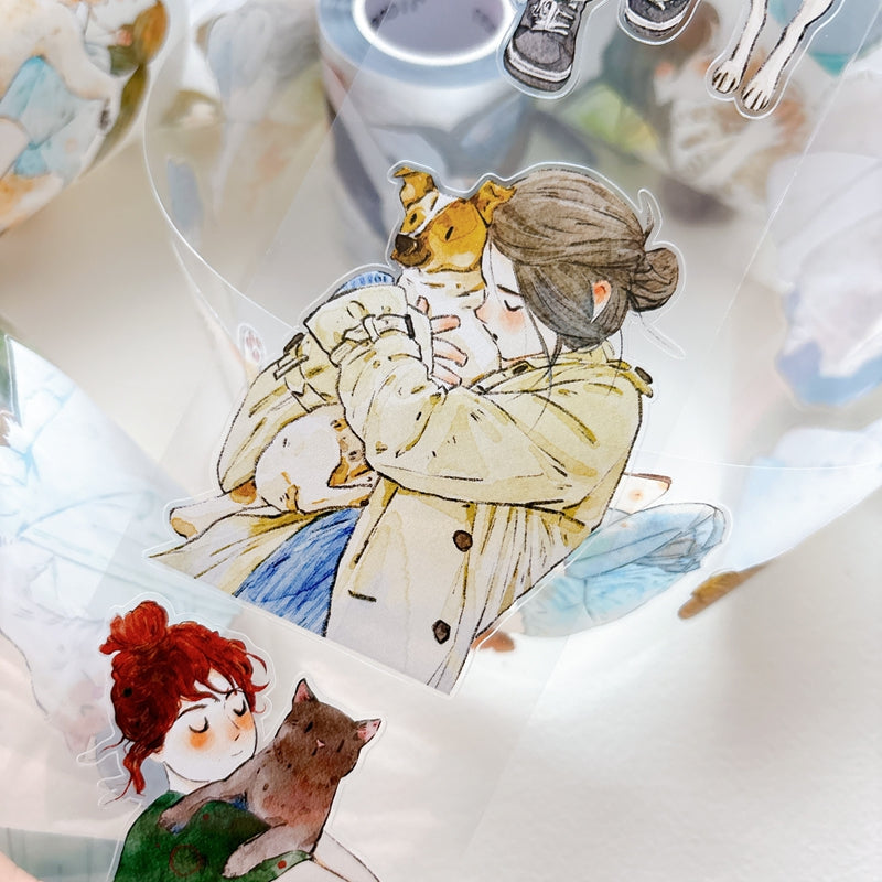 DingDing Vol.16【62#Having a Pet】Original Character Design Vintage Casualness Girl&Pet Washi/PET Tape Stickers, for Scrapbook Supplies,Scrapbook Tape Stickers,Junk Journal Supplies