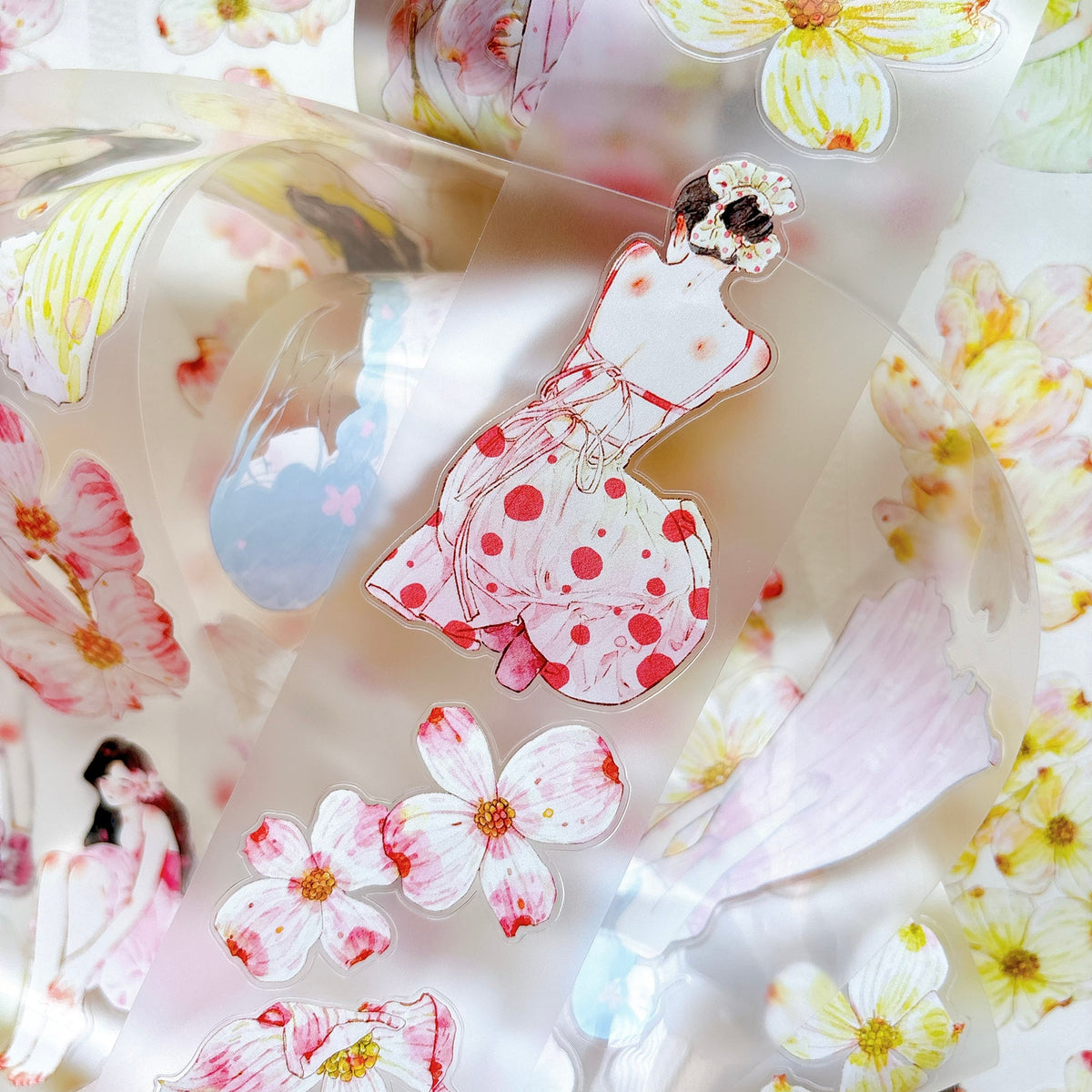 DingDing Vol.17【67#Cornelian Cherry】Original Character Design Vintage Casualness Girl Washi/PET Tape Stickers, for Scrapbook Supplies,Scrapbook Tape Stickers,Junk Journal Supplies