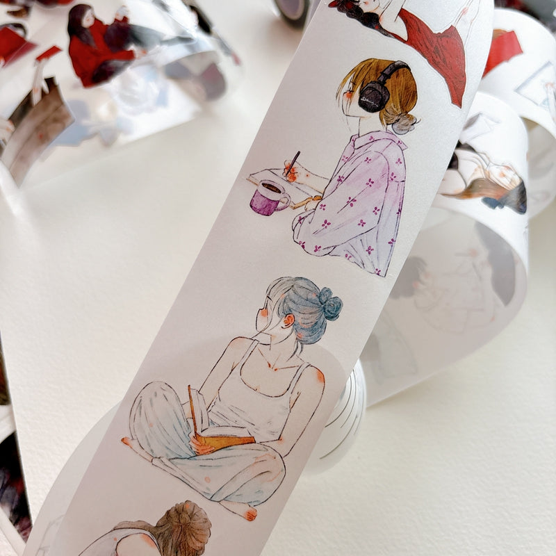 DingDing Vol.16【63#Having a Book】Original Character Design Vintage Casualness Girl Washi/PET Tape Stickers, for Scrapbook Supplies,Scrapbook Tape Stickers,Junk Journal Supplies