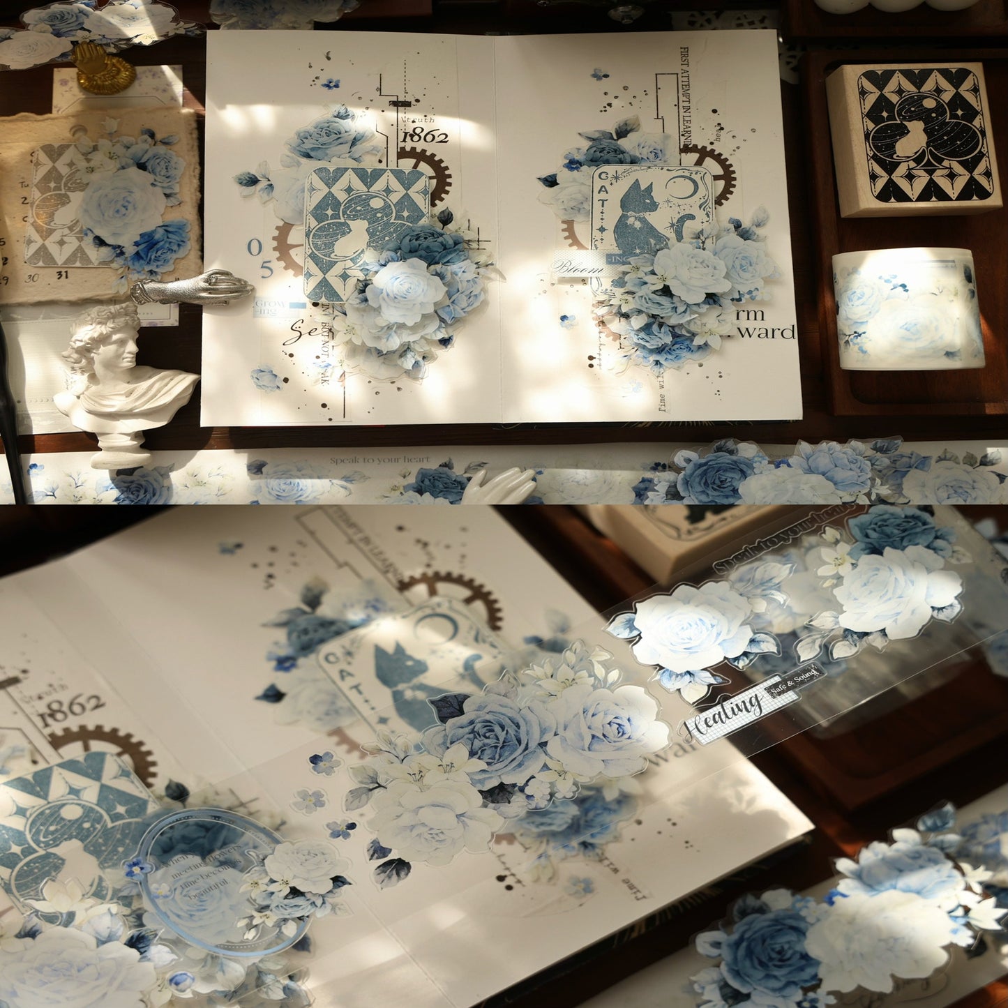 YiEr Vol16【Moonfield Rose Blue】Floral Washi Tape and PET Stickers