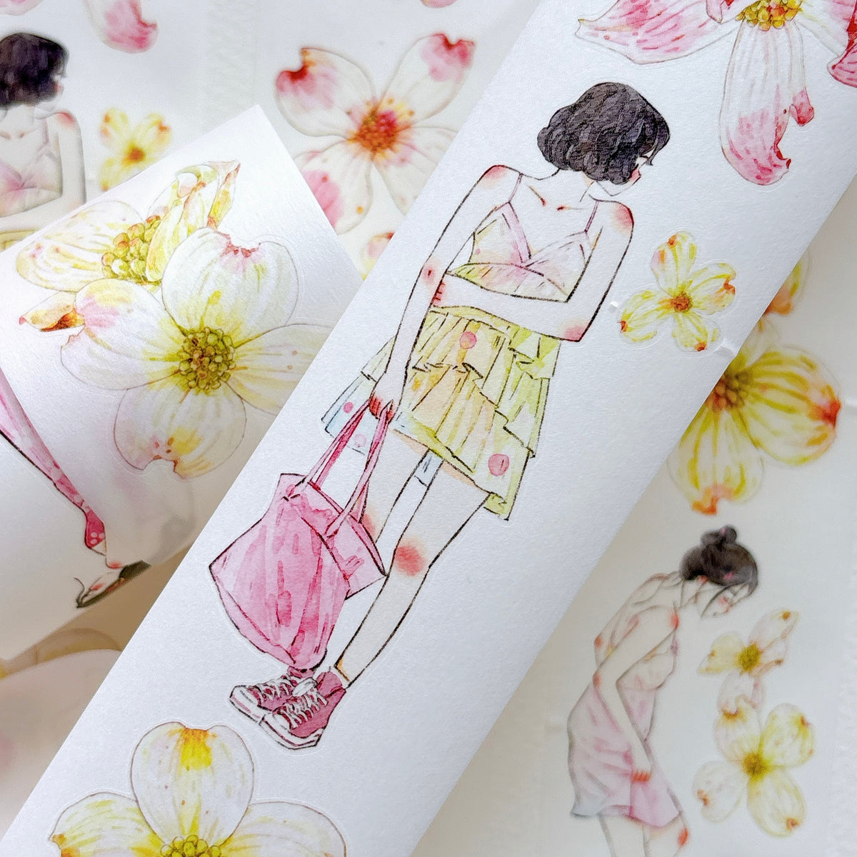 DingDing Vol.17【67#Cornelian Cherry】Original Character Design Vintage Casualness Girl Washi/PET Tape Stickers, for Scrapbook Supplies,Scrapbook Tape Stickers,Junk Journal Supplies