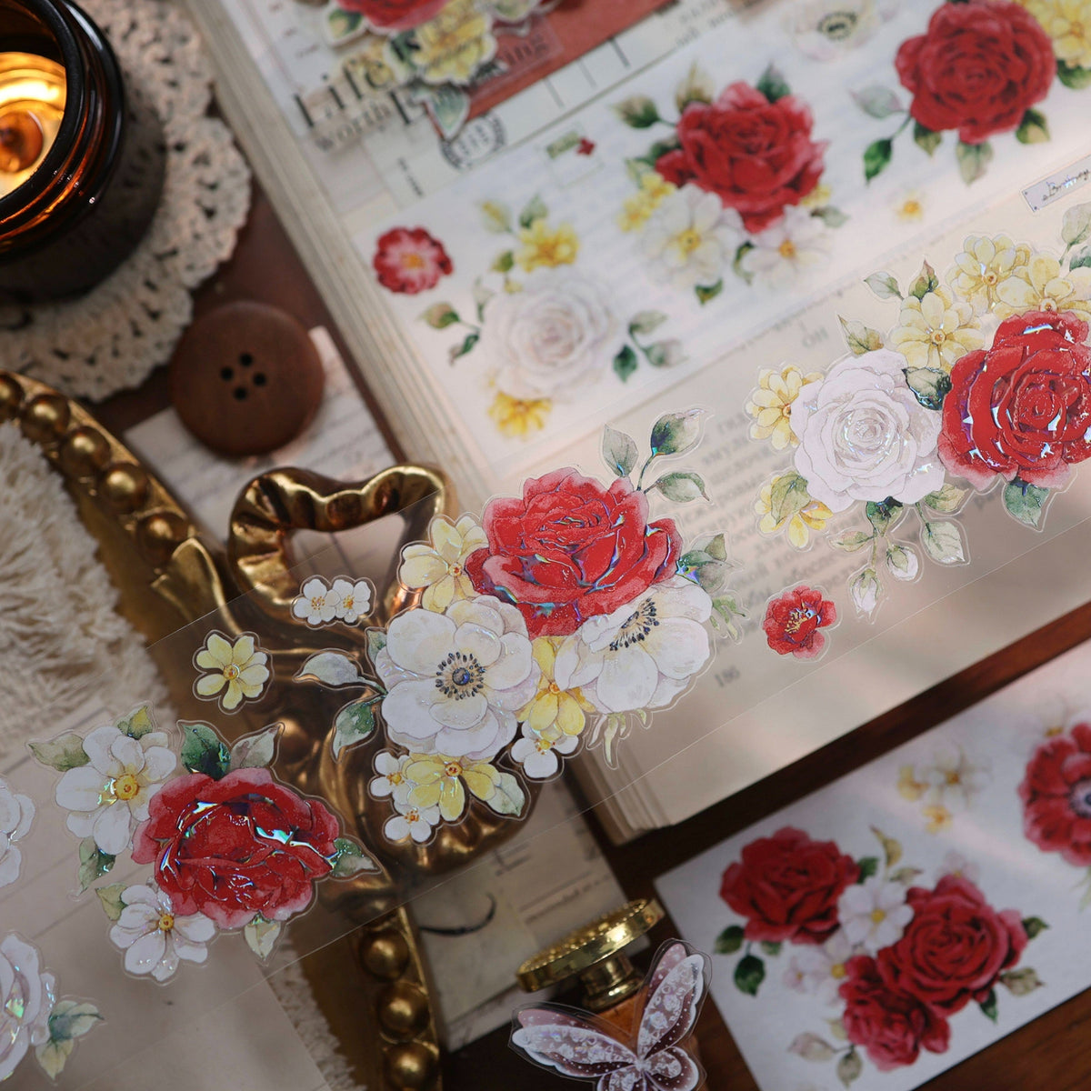 YiEr Vol18【Zhu Bai Qing Fang】Pre-cut Orginal Design Red Rose Washi Tape and PET Stickers