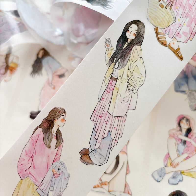 DingDing Vol.16【61#A Little Pink】Original Character Design Vintage Casualness Girl Washi/PET Tape Stickers, for Scrapbook Supplies,Scrapbook Tape Stickers,Junk Journal Supplies