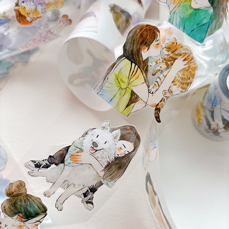 DingDing Vol.16【62#Having a Pet】Original Character Design Vintage Casualness Girl&Pet Washi/PET Tape Stickers, for Scrapbook Supplies,Scrapbook Tape Stickers,Junk Journal Supplies