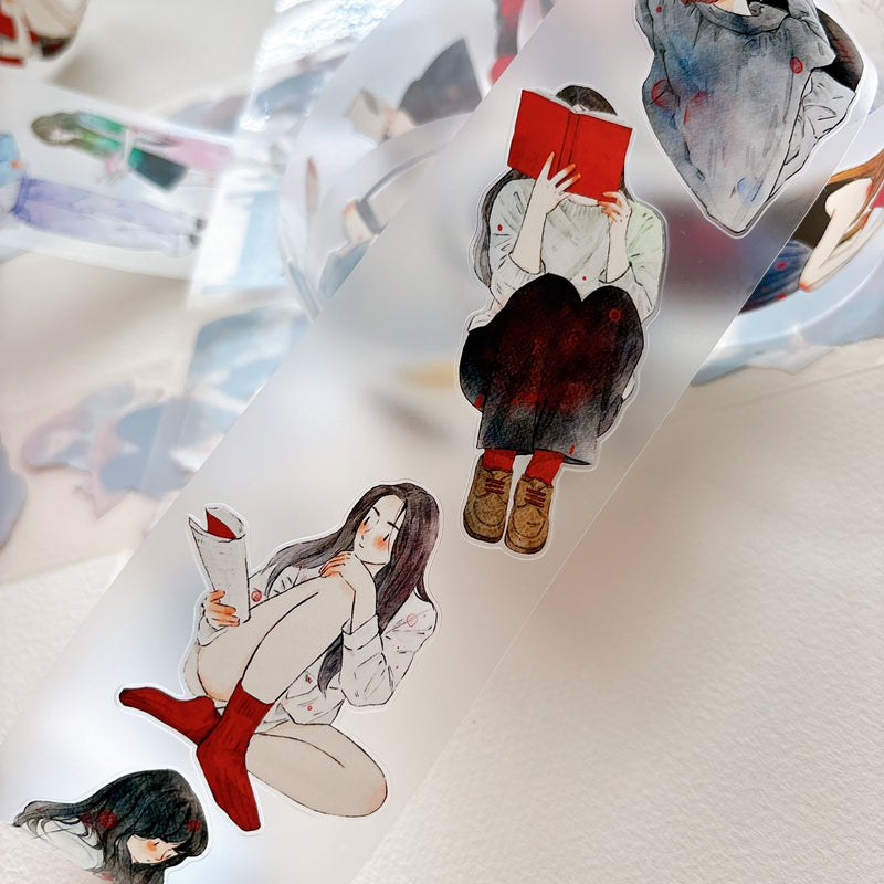 DingDing Vol.16【63#Having a Book】Original Character Design Vintage Casualness Girl Washi/PET Tape Stickers, for Scrapbook Supplies,Scrapbook Tape Stickers,Junk Journal Supplies