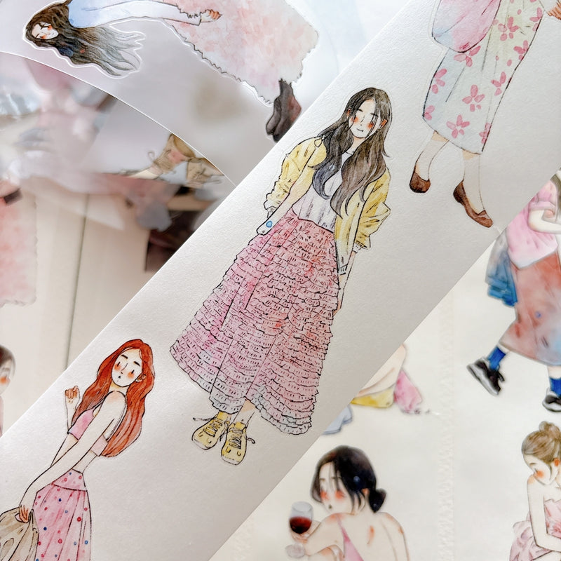 DingDing Vol.16【61#A Little Pink】Original Character Design Vintage Casualness Girl Washi/PET Tape Stickers, for Scrapbook Supplies,Scrapbook Tape Stickers,Junk Journal Supplies
