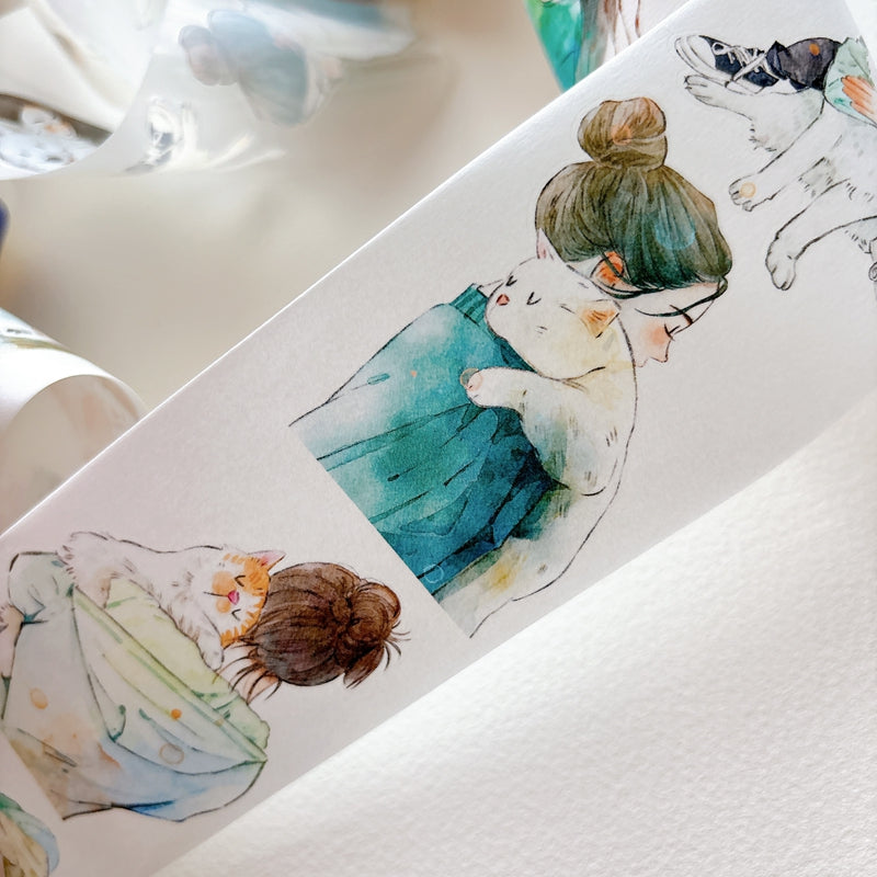 DingDing Vol.16【62#Having a Pet】Original Character Design Vintage Casualness Girl&Pet Washi/PET Tape Stickers, for Scrapbook Supplies,Scrapbook Tape Stickers,Junk Journal Supplies
