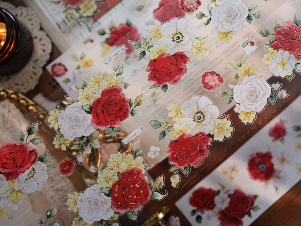 YiEr Vol18【Zhu Bai Qing Fang】Pre-cut Orginal Design Red Rose Washi Tape and PET Stickers