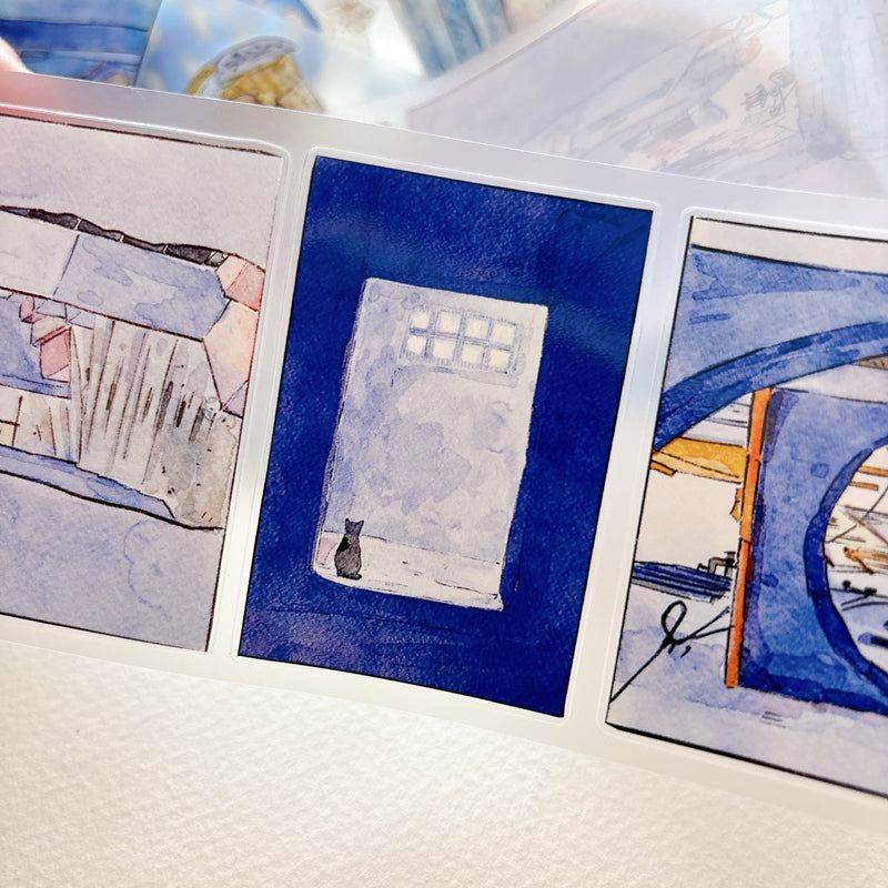 Seahorse Forest Vol11【A71#Wind Passes through Blue Lane】Vintage Scene Original Design Pre-Cut Washi/PET Tape Stickers,for Scrapbook Supplies,Junk Journal Supplies