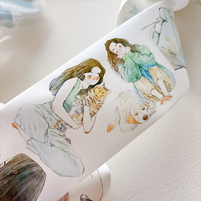 DingDing Vol.16【62#Having a Pet】Original Character Design Vintage Casualness Girl&Pet Washi/PET Tape Stickers, for Scrapbook Supplies,Scrapbook Tape Stickers,Junk Journal Supplies