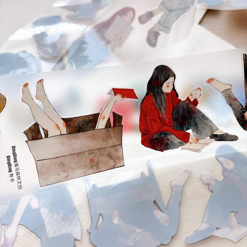DingDing Vol.16【63#Having a Book】Original Character Design Vintage Casualness Girl Washi/PET Tape Stickers, for Scrapbook Supplies,Scrapbook Tape Stickers,Junk Journal Supplies