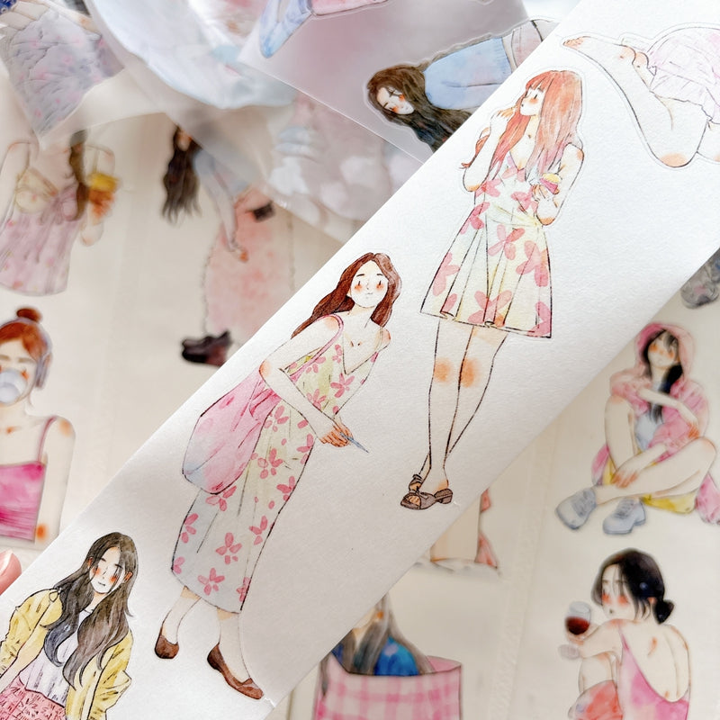 DingDing Vol.16【61#A Little Pink】Original Character Design Vintage Casualness Girl Washi/PET Tape Stickers, for Scrapbook Supplies,Scrapbook Tape Stickers,Junk Journal Supplies