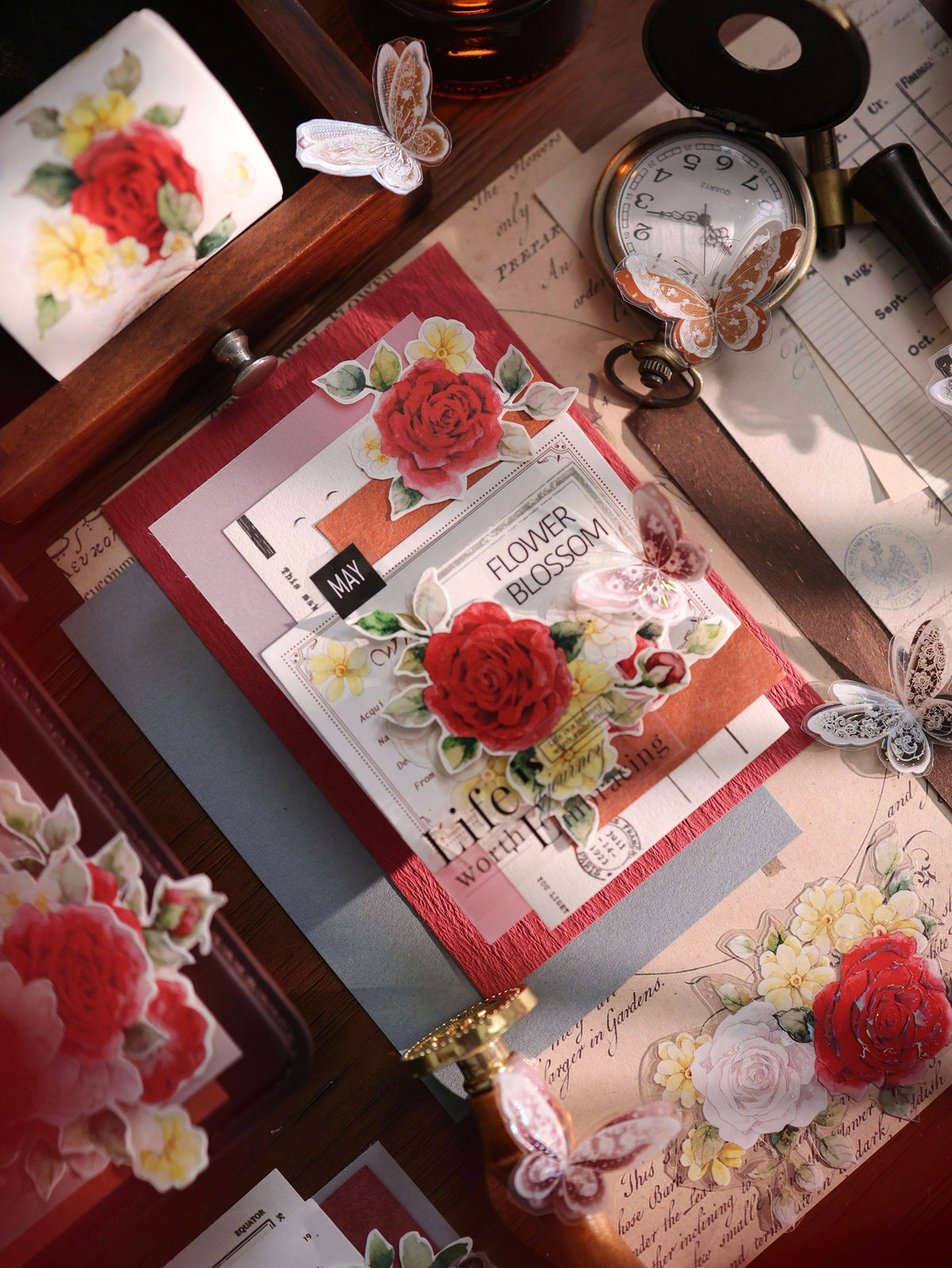 YiEr Vol18【Zhu Bai Qing Fang】Pre-cut Orginal Design Red Rose Washi Tape and PET Stickers
