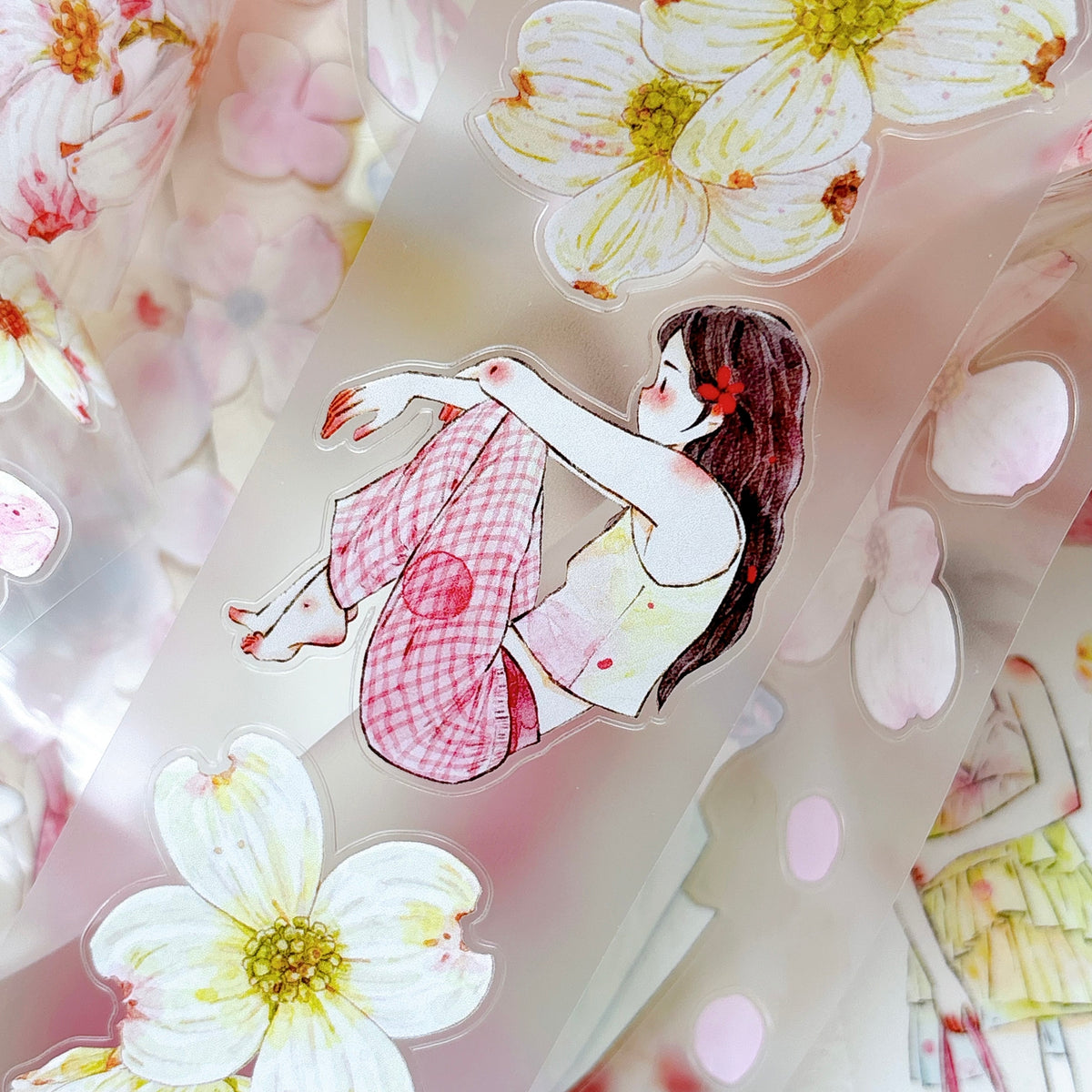 DingDing Vol.17【67#Cornelian Cherry】Original Character Design Vintage Casualness Girl Washi/PET Tape Stickers, for Scrapbook Supplies,Scrapbook Tape Stickers,Junk Journal Supplies