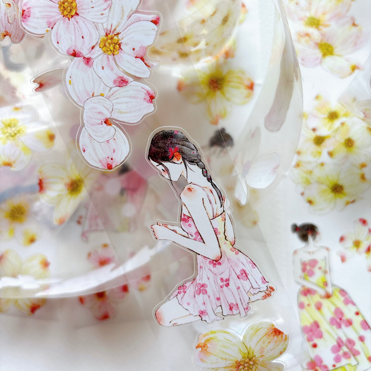 DingDing Vol.17【67#Cornelian Cherry】Original Character Design Vintage Casualness Girl Washi/PET Tape Stickers, for Scrapbook Supplies,Scrapbook Tape Stickers,Junk Journal Supplies