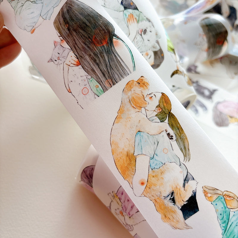 DingDing Vol.16【62#Having a Pet】Original Character Design Vintage Casualness Girl&Pet Washi/PET Tape Stickers, for Scrapbook Supplies,Scrapbook Tape Stickers,Junk Journal Supplies