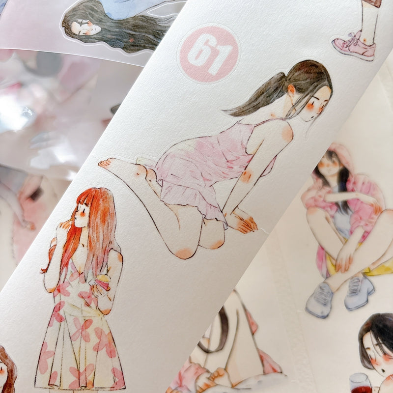 DingDing Vol.16【61#A Little Pink】Original Character Design Vintage Casualness Girl Washi/PET Tape Stickers, for Scrapbook Supplies,Scrapbook Tape Stickers,Junk Journal Supplies