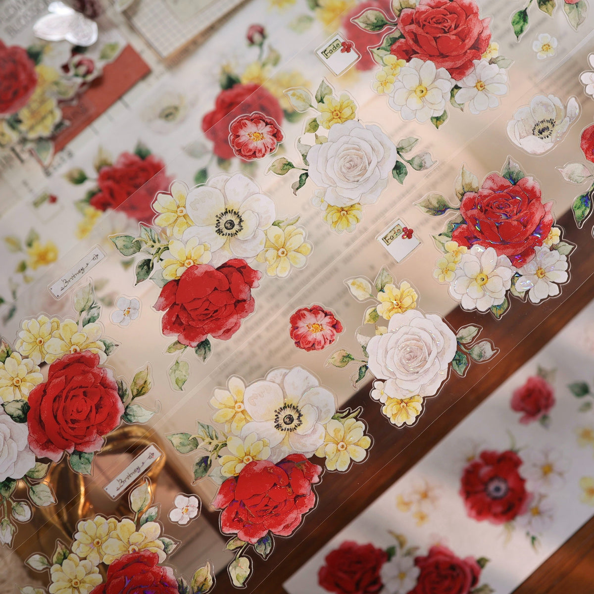 YiEr Vol18【Zhu Bai Qing Fang】Pre-cut Orginal Design Red Rose Washi Tape and PET Stickers
