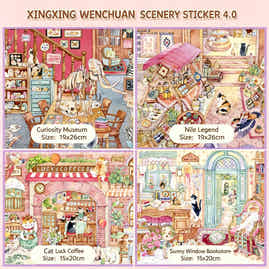 XingXing 4.0 Healing Watercolor Hand drawn Landscape Stickers Cat Street Museum Study
