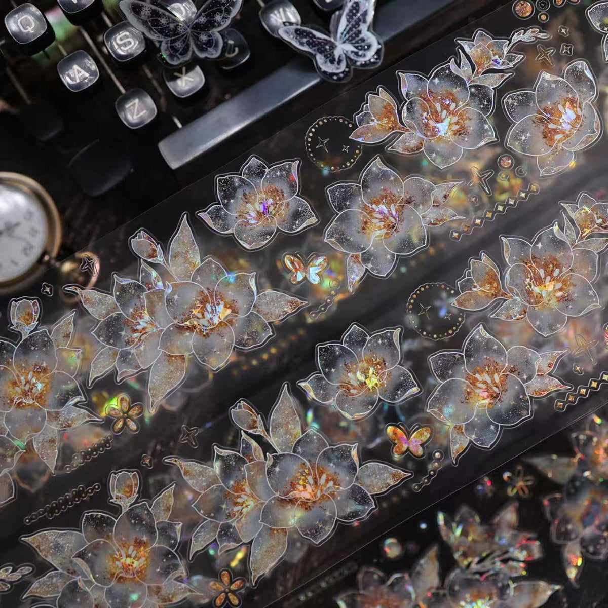 YiEr Vol18【Starfall Cymbidium】Pre-cut Orginal Design Vintage Transparent Golden Flower Planner Sticker Pet Washi Tape