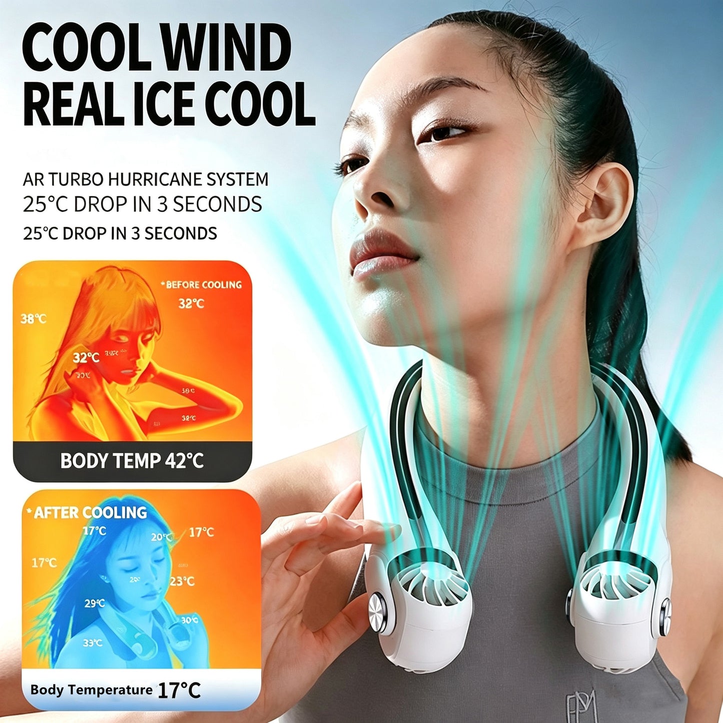 Coolness to Go! 2400mAh AR Turbine Nackenventilator ohne Rotorblätter — Unterdruckkühlung, echter kalter Wind, freihändig