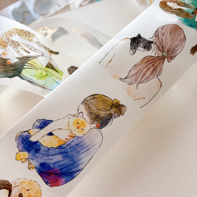 DingDing Vol.16【62#Having a Pet】Original Character Design Vintage Casualness Girl&Pet Washi/PET Tape Stickers, for Scrapbook Supplies,Scrapbook Tape Stickers,Junk Journal Supplies