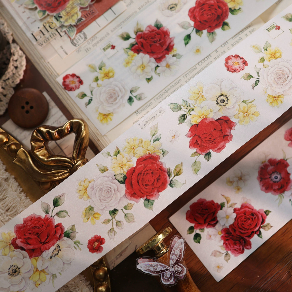 YiEr Vol18【Zhu Bai Qing Fang】Pre-cut Orginal Design Red Rose Washi Tape and PET Stickers