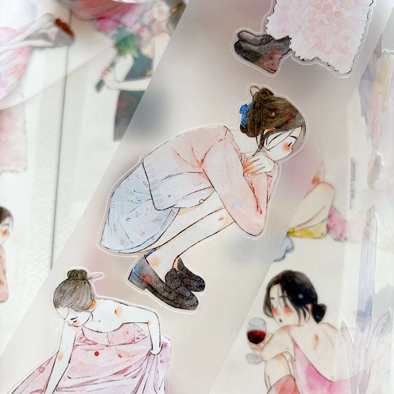 DingDing Vol.16【61#A Little Pink】Original Character Design Vintage Casualness Girl Washi/PET Tape Stickers, for Scrapbook Supplies,Scrapbook Tape Stickers,Junk Journal Supplies