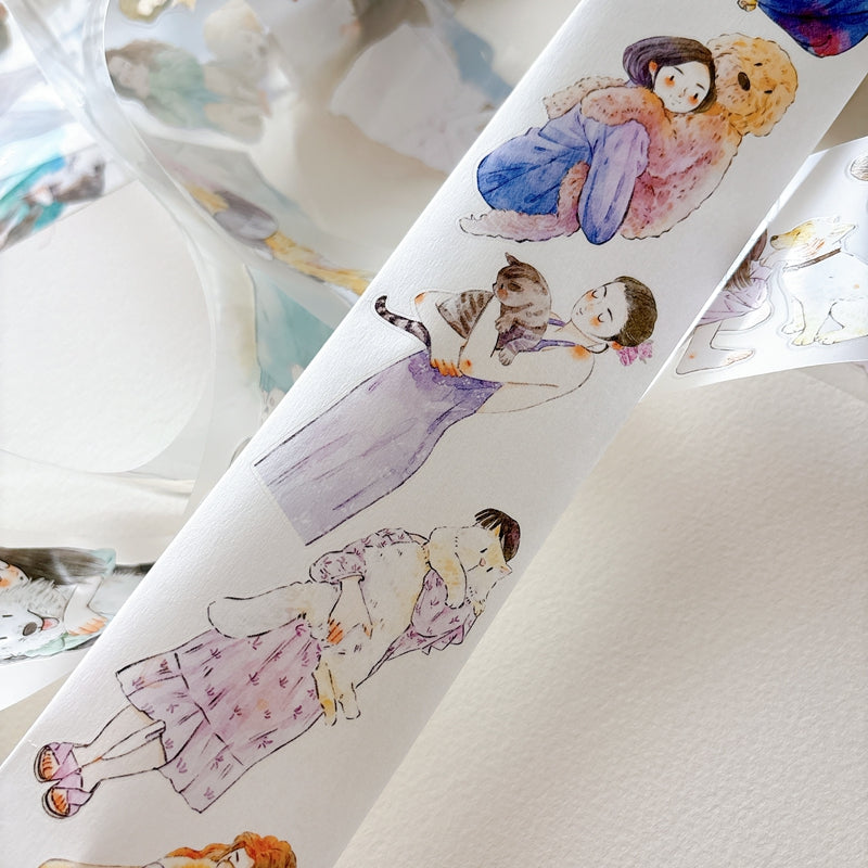 DingDing Vol.16【62#Having a Pet】Original Character Design Vintage Casualness Girl&Pet Washi/PET Tape Stickers, for Scrapbook Supplies,Scrapbook Tape Stickers,Junk Journal Supplies