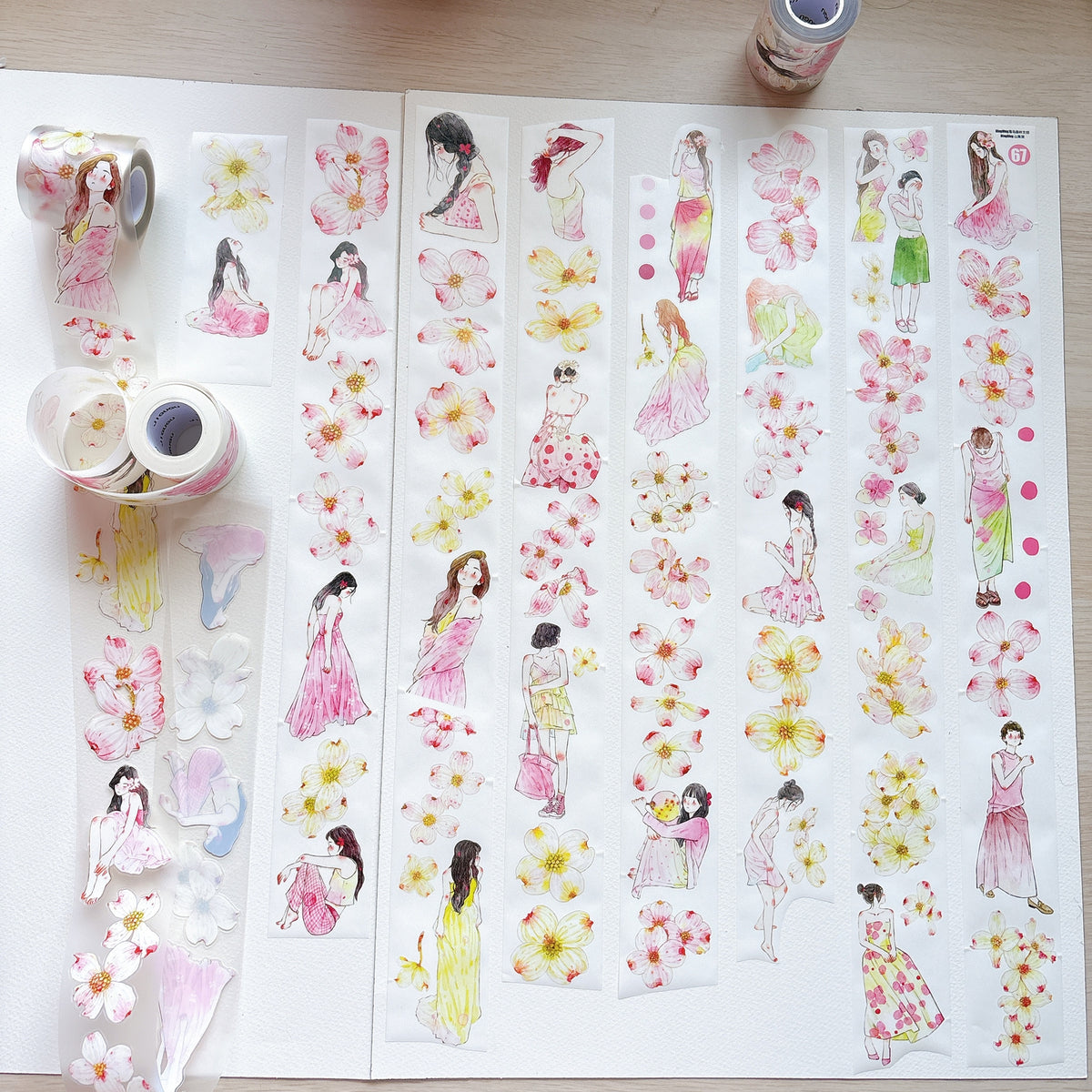 DingDing Vol.17【67#Cornelian Cherry】Original Character Design Vintage Casualness Girl Washi/PET Tape Stickers, for Scrapbook Supplies,Scrapbook Tape Stickers,Junk Journal Supplies