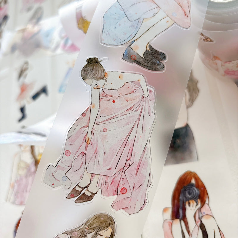 DingDing Vol.16【61#A Little Pink】Original Character Design Vintage Casualness Girl Washi/PET Tape Stickers, for Scrapbook Supplies,Scrapbook Tape Stickers,Junk Journal Supplies