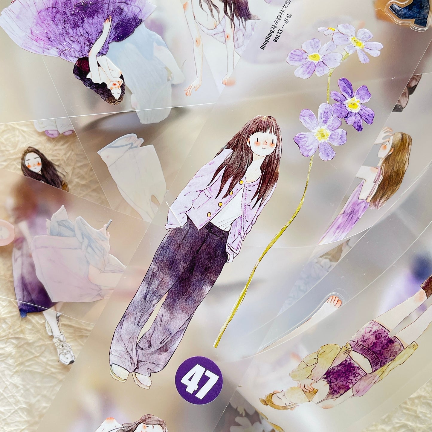 DingDing Vol13【47#A Little Purple】Original Design Kiss-Cut Washi PET Tape Stickers,for Scrapbook Supplies,Journaling,Junk Journal,Bullet Journal,Planner Stickers