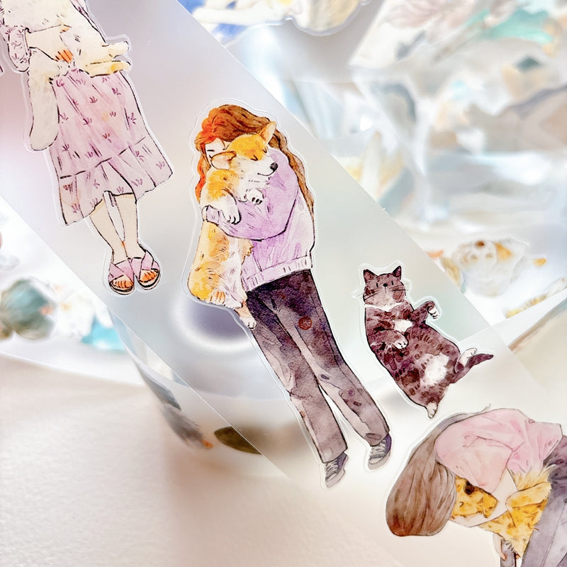 DingDing Vol.16【62#Having a Pet】Original Character Design Vintage Casualness Girl&Pet Washi/PET Tape Stickers, for Scrapbook Supplies,Scrapbook Tape Stickers,Junk Journal Supplies