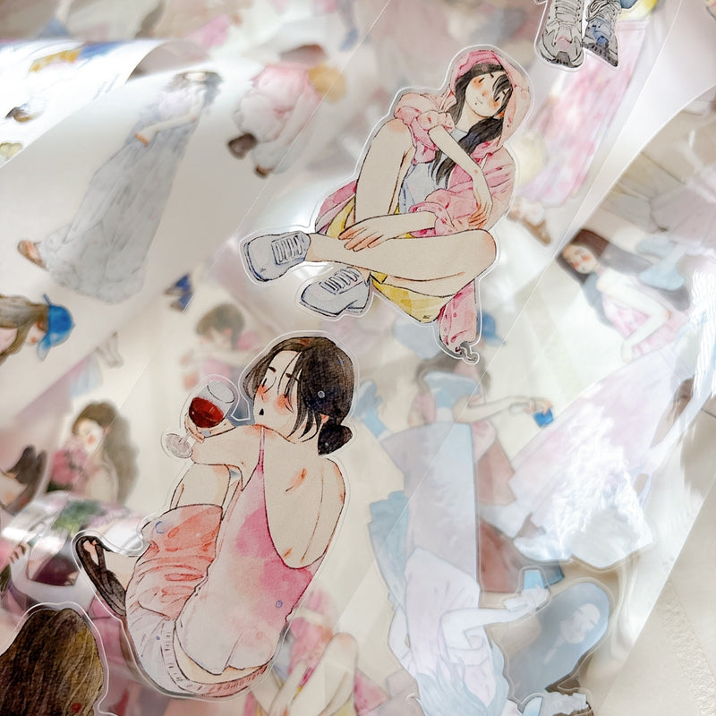 DingDing Vol.16【61#A Little Pink】Original Character Design Vintage Casualness Girl Washi/PET Tape Stickers, for Scrapbook Supplies,Scrapbook Tape Stickers,Junk Journal Supplies