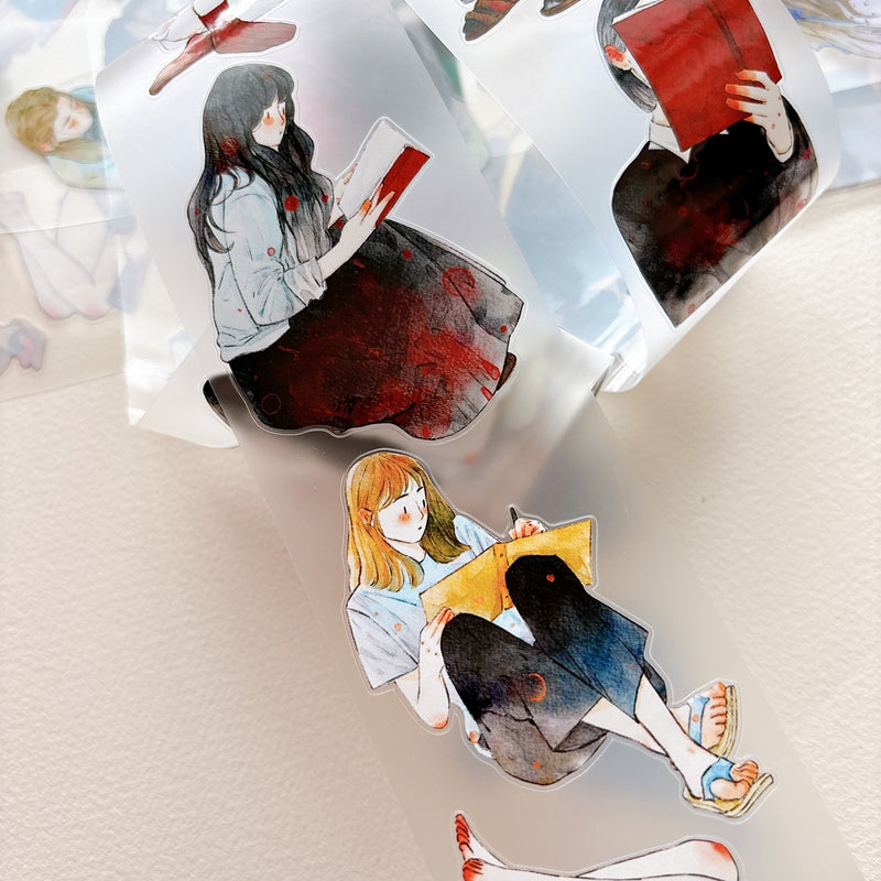 DingDing Vol.16【63#Having a Book】Original Character Design Vintage Casualness Girl Washi/PET Tape Stickers, for Scrapbook Supplies,Scrapbook Tape Stickers,Junk Journal Supplies
