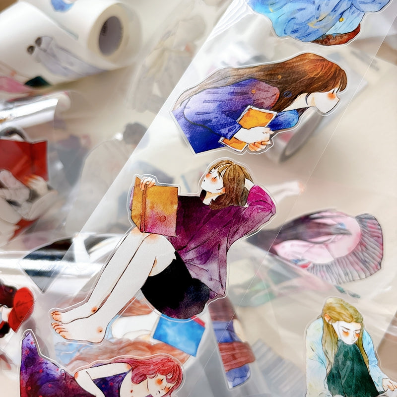 DingDing Vol.16【63#Having a Book】Original Character Design Vintage Casualness Girl Washi/PET Tape Stickers, for Scrapbook Supplies,Scrapbook Tape Stickers,Junk Journal Supplies