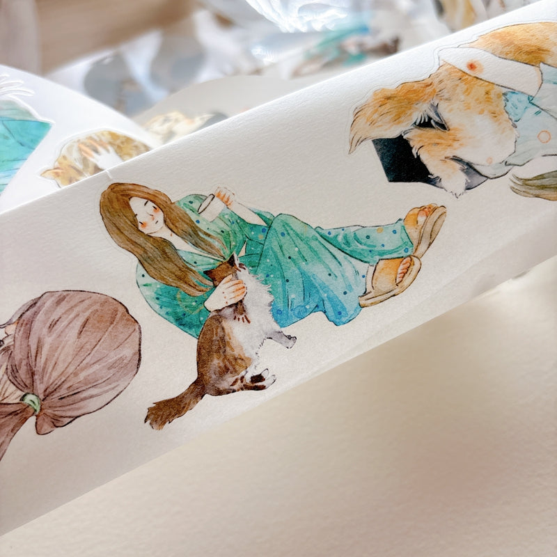 DingDing Vol.16【62#Having a Pet】Original Character Design Vintage Casualness Girl&Pet Washi/PET Tape Stickers, for Scrapbook Supplies,Scrapbook Tape Stickers,Junk Journal Supplies