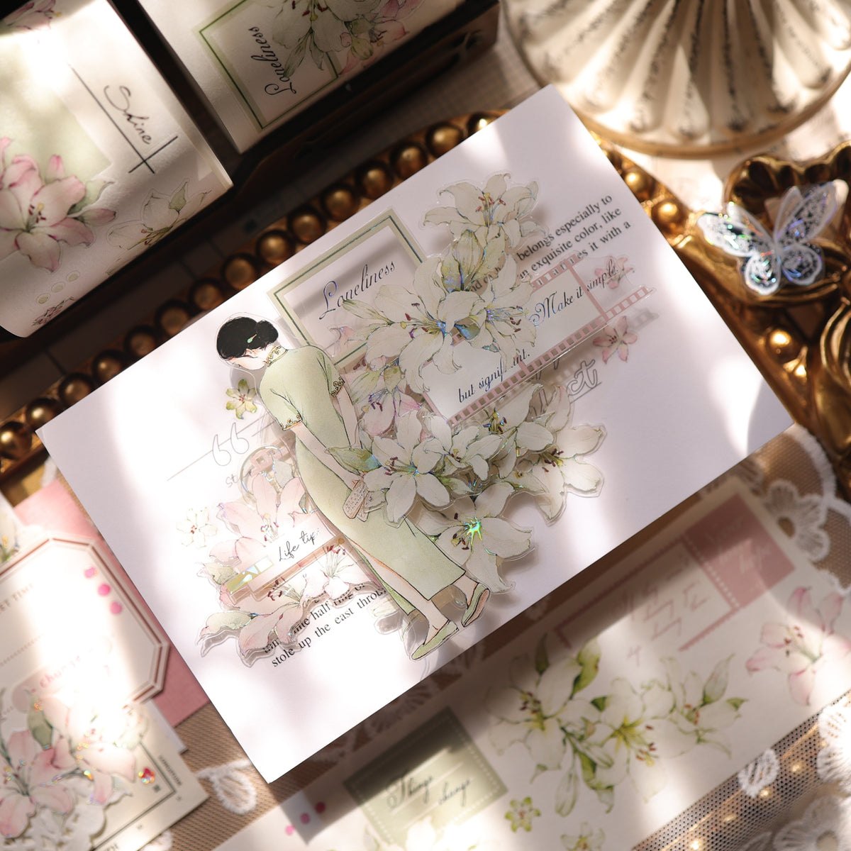 YiEr Vol18【Faint-Mist Lily】Pre-cut Orginal Design Follower Washi Tape and PET Stickers