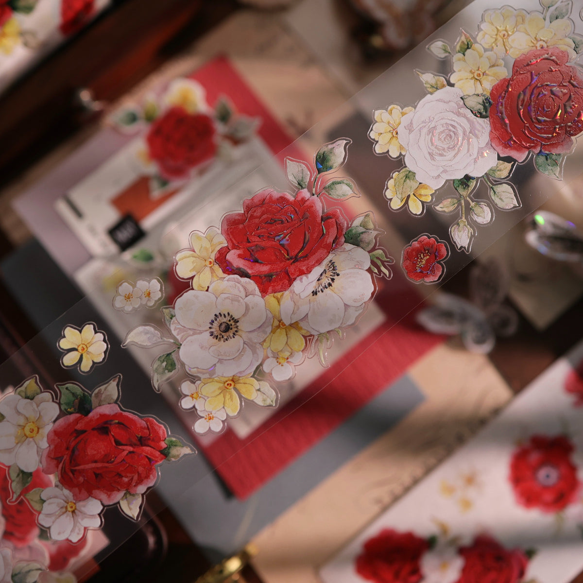 YiEr Vol18【Zhu Bai Qing Fang】Pre-cut Orginal Design Red Rose Washi Tape and PET Stickers