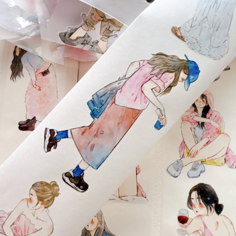 DingDing Vol.16【61#A Little Pink】Original Character Design Vintage Casualness Girl Washi/PET Tape Stickers, for Scrapbook Supplies,Scrapbook Tape Stickers,Junk Journal Supplies