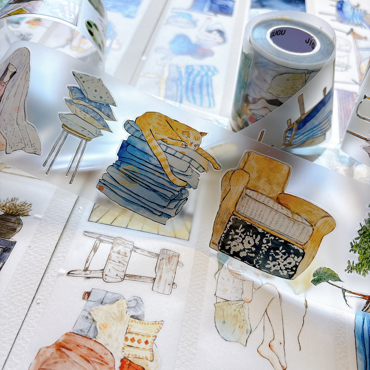 DingDing Vol.17【66#There is a Nest】Original Character Design Vintage Casualness Girl Washi/PET Tape Stickers, for Scrapbook Supplies,Scrapbook Tape Stickers,Junk Journal Supplies