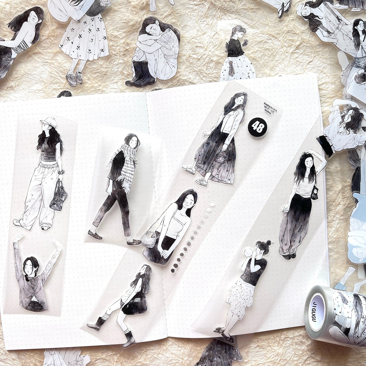 DingDing Vol13【48#A Little Black】Original Design Kiss-Cut Washi PET Tape Stickers,for Scrapbook Supplies,Journaling,Junk Journal,Bullet Journal,Planner Stickers