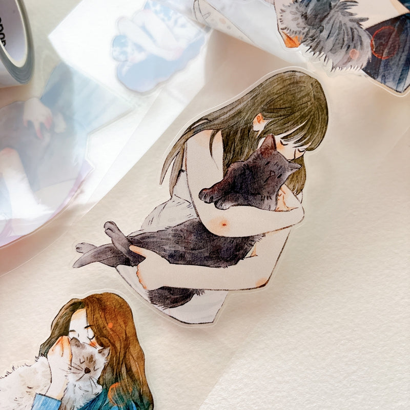 DingDing Vol.16【62#Having a Pet】Original Character Design Vintage Casualness Girl&Pet Washi/PET Tape Stickers, for Scrapbook Supplies,Scrapbook Tape Stickers,Junk Journal Supplies