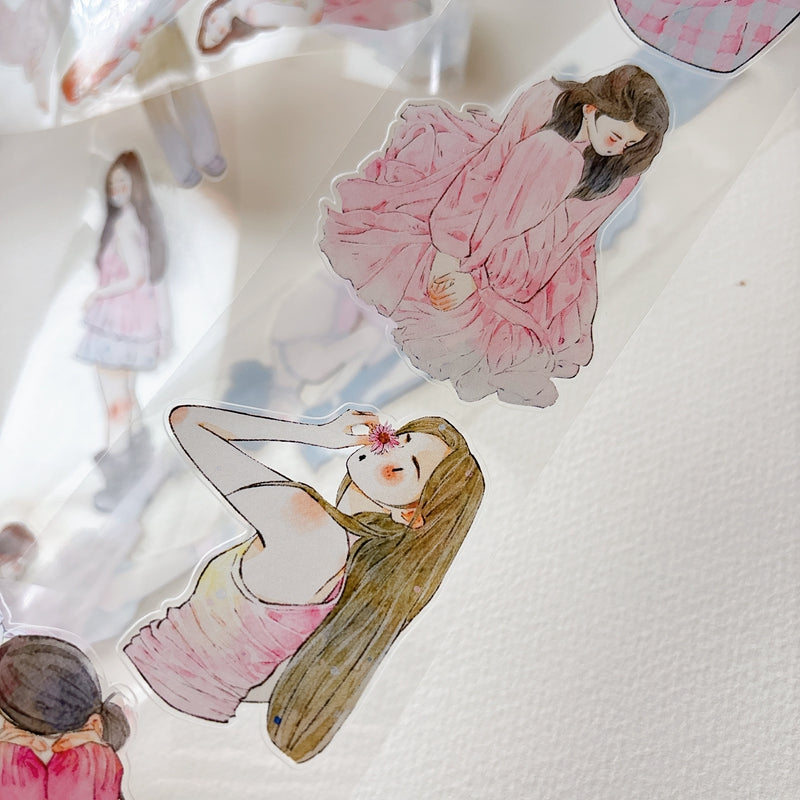 DingDing Vol.16【61#A Little Pink】Original Character Design Vintage Casualness Girl Washi/PET Tape Stickers, for Scrapbook Supplies,Scrapbook Tape Stickers,Junk Journal Supplies
