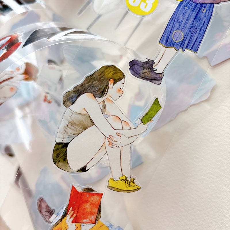 DingDing Vol.16【63#Having a Book】Original Character Design Vintage Casualness Girl Washi/PET Tape Stickers, for Scrapbook Supplies,Scrapbook Tape Stickers,Junk Journal Supplies